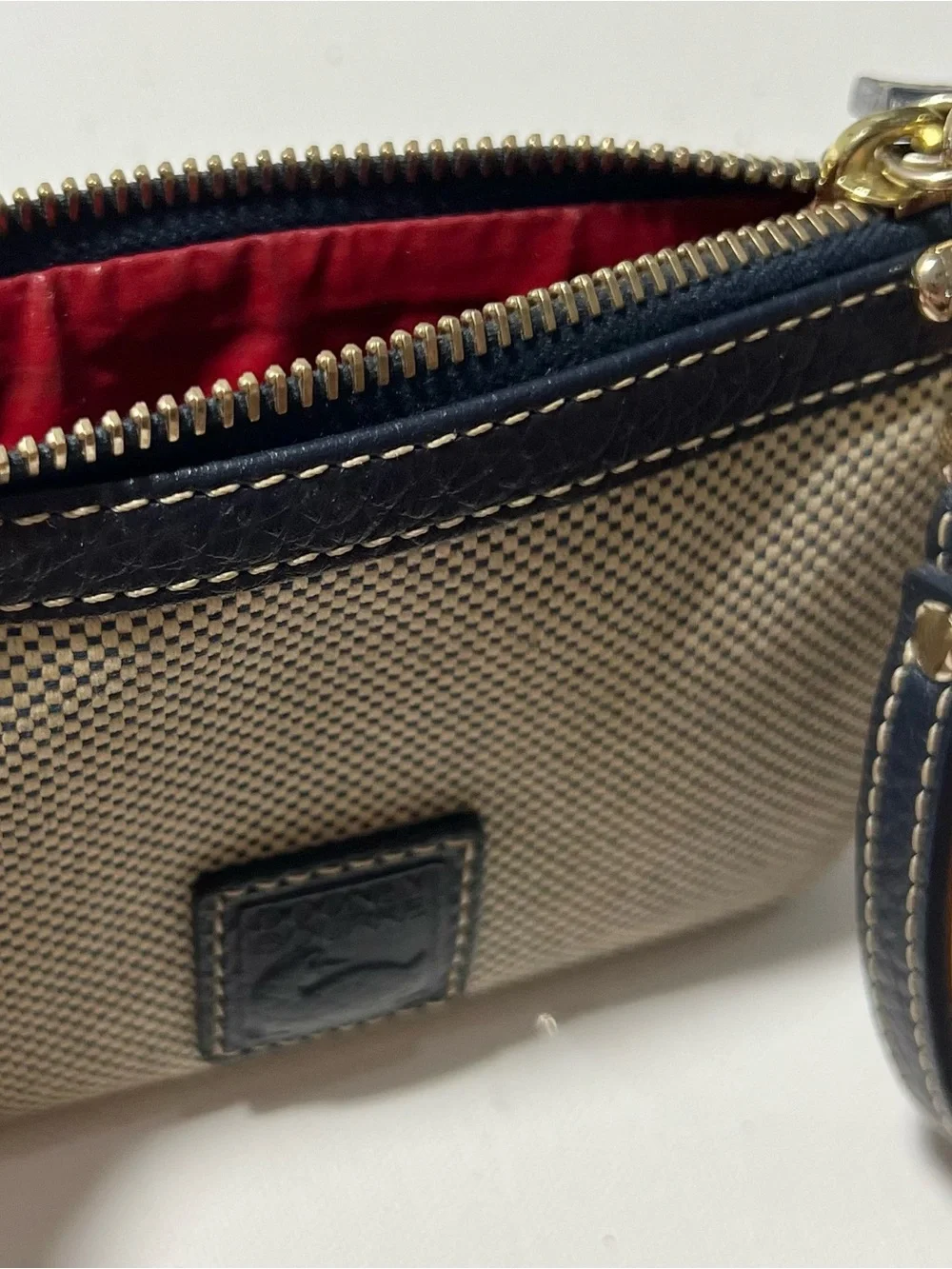 Dooney & Bourke Navy and Cream Canvas Wristlet with Leather Trim